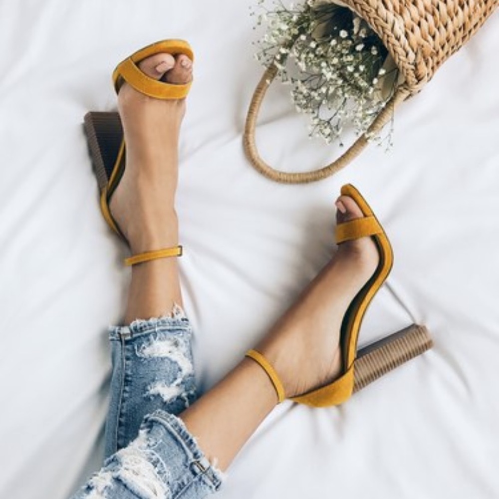 Taylor Mustard Yellow Suede Stacked Ankle Strap Heels